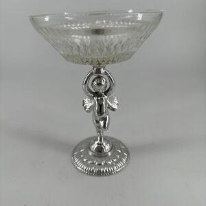 Cherub Angel Glass Soap or Candy Dish Vintage Silver Enamel 7”‎ Tall x 5” Wide